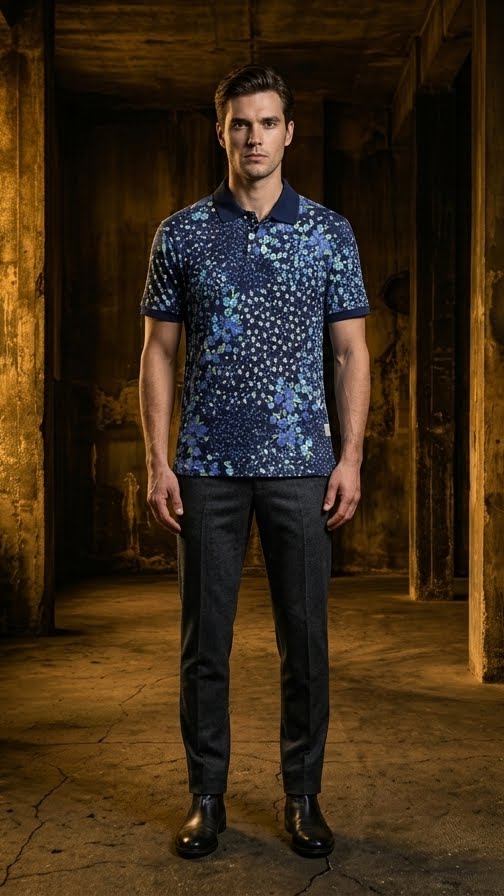 Navy Blue Botanical Print Polo Shirt