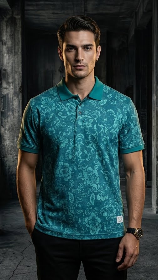 Teal Green Floral Pattern Polo Shirt